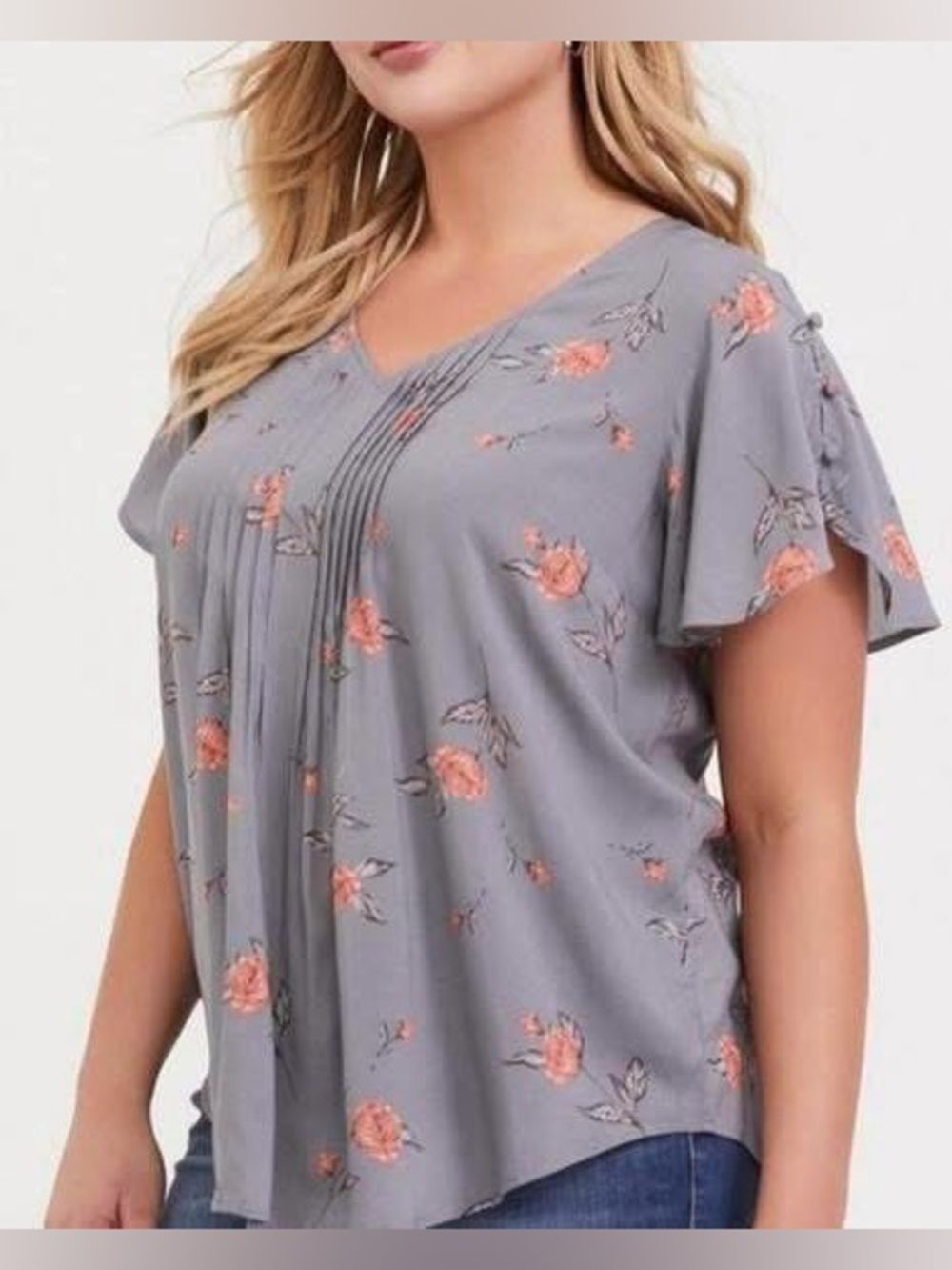 Torrid Grey Floral Feminine Challis Pintuck Flutter Sleeve Blouse Top